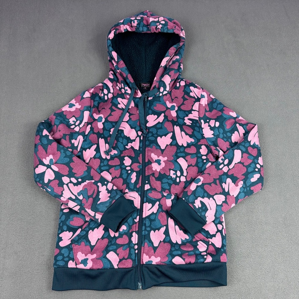 Canyon Creek Womens Floral Zip Up Hoodie Teal Pink Faux Shearling Lined Small